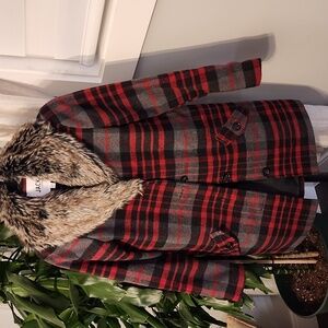 Jack BB Dakota Faux Fur Gingham Plaid Coat Shacket Extra Small